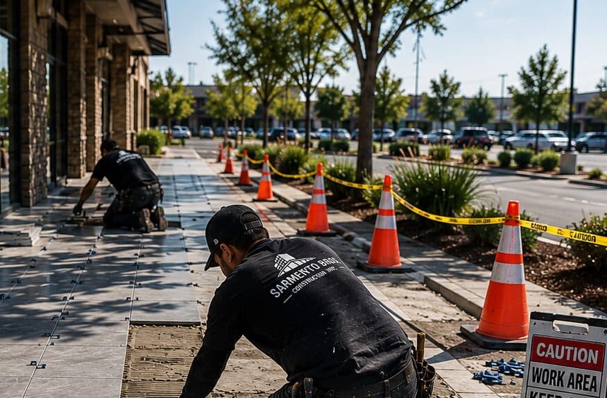 Sarmento Bros. crew installing exterior commercial flatwork and walkway tile