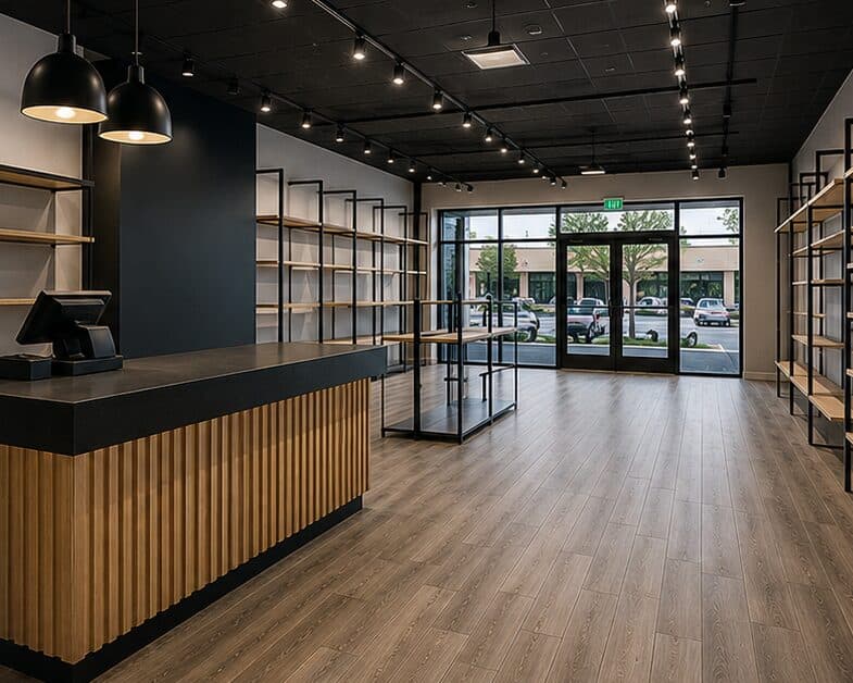 Retail store build-out with custom wood counter and shelving